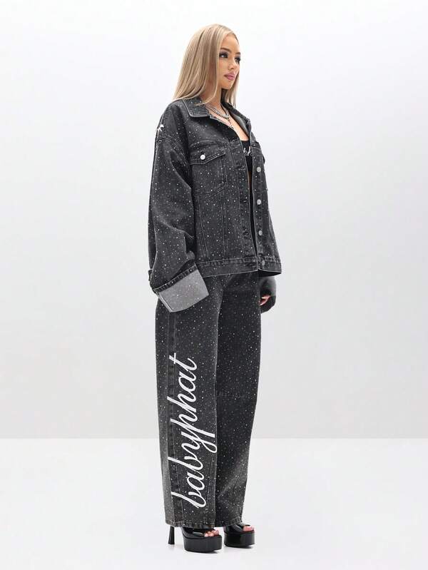 Missguided BABYPHAT Oversized Rhinestone Embellished Denim Trucker Jacket With All Over Rhinestone For Fall Winter