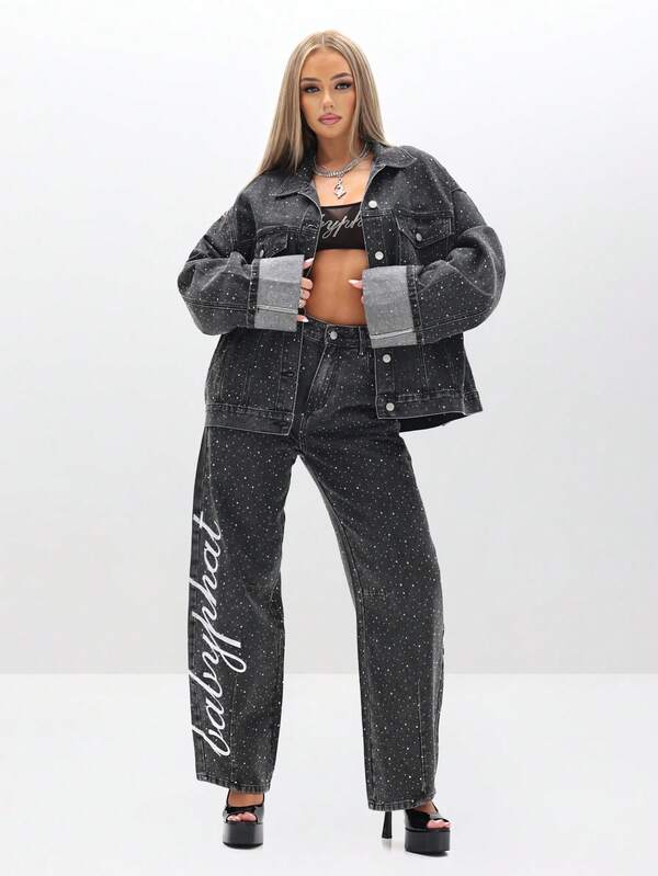 missguided BABYPHAT Oversized Rhinestone Embellished Denim Trucker Jacket With All Over Rhinestone For Fall Winter