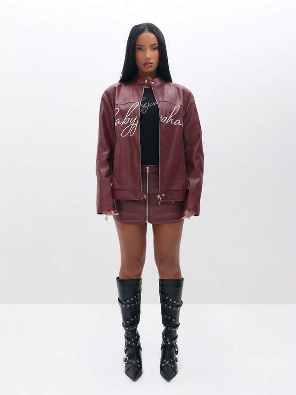Missguided BABYPHAT PU Leather Motocross Biker Jacket With Script Embroidery Detail And Front Zip Closure
