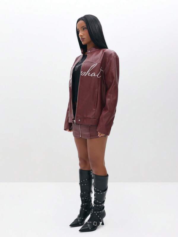 Missguided BABYPHAT PU Leather Motocross Biker Jacket With Script Embroidery Detail And Front Zip Closure