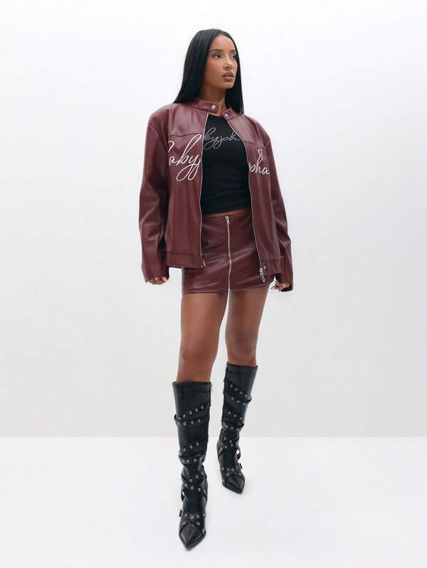 Missguided BABYPHAT PU Leather Motocross Biker Jacket With Script Embroidery Detail And Front Zip Closure