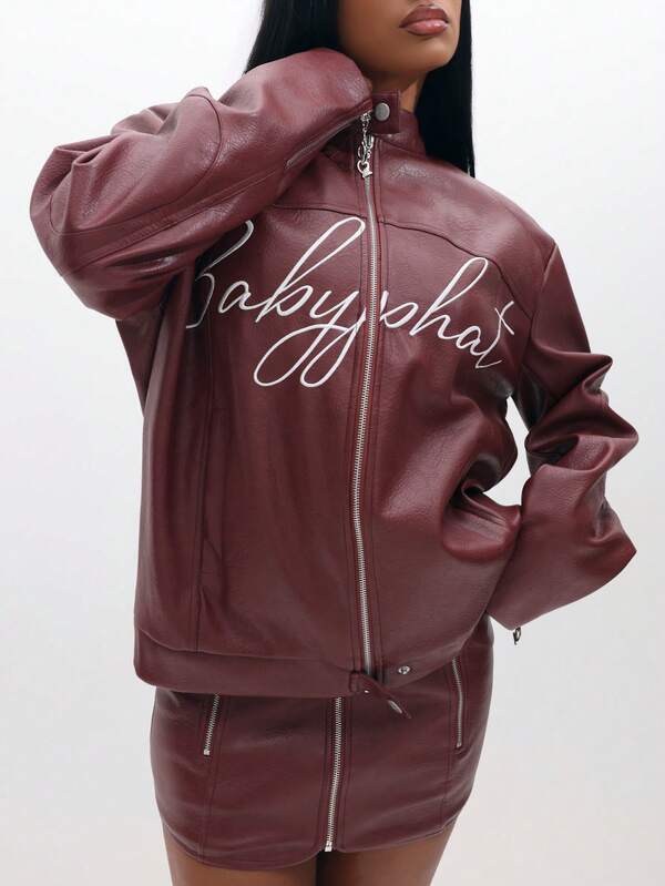 missguided BABYPHAT PU Leather Motocross Biker Jacket With Script Embroidery Detail And Front Zip Closure