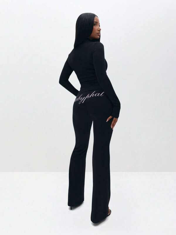 Missguided BABYPHAT Pull On Flare Leggings With Embroidered Script And Zipper Detail For Casual Everyday Wear