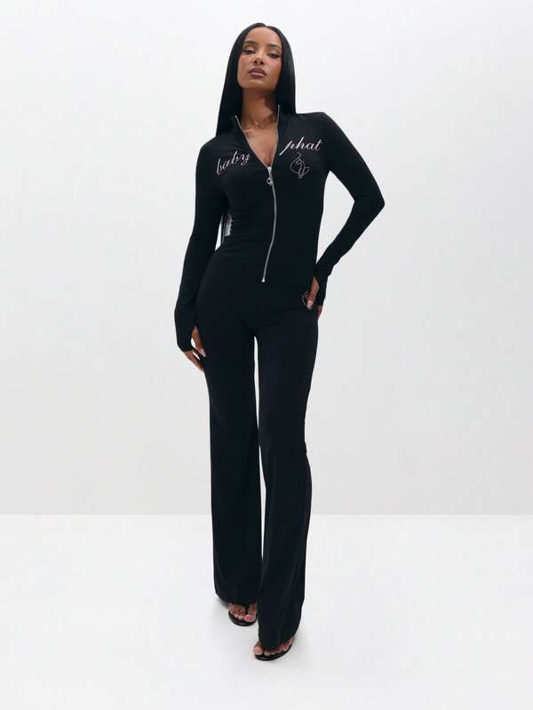 Missguided BABYPHAT Pull On Flare Leggings With Embroidered Script And Zipper Detail For Casual Everyday Wear