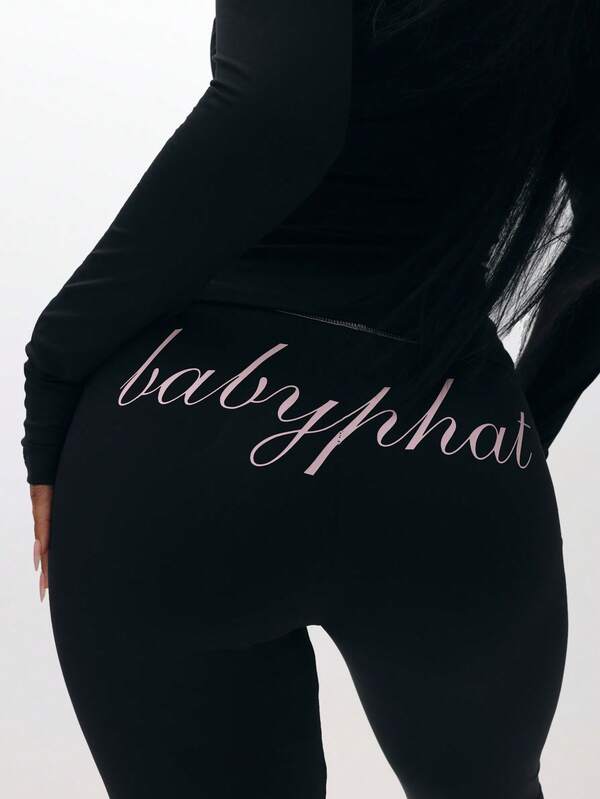 missguided BABYPHAT Pull On Flare Leggings With Embroidered Script And Zipper Detail For Casual Everyday Wear