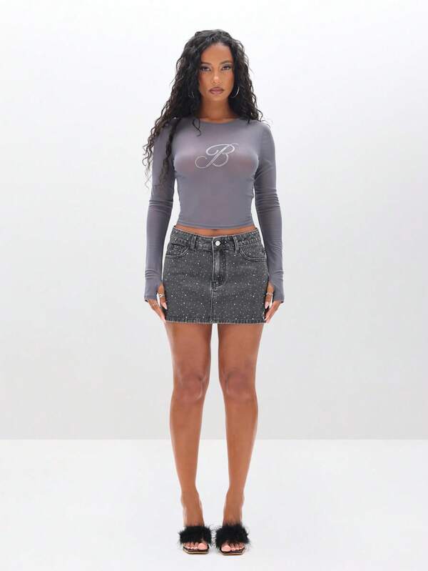 Missguided BABYPHAT Rhinestone Studded Denim Mini Skirt High Waisted Button Front Distressed Jean Skirt Festival Party Clubwear