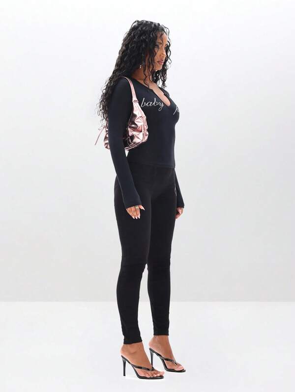Missguided BABYPHAT Rhinestone Studded Long Sleeve Notch Neck Top With Statement Text Design For Fall Winter