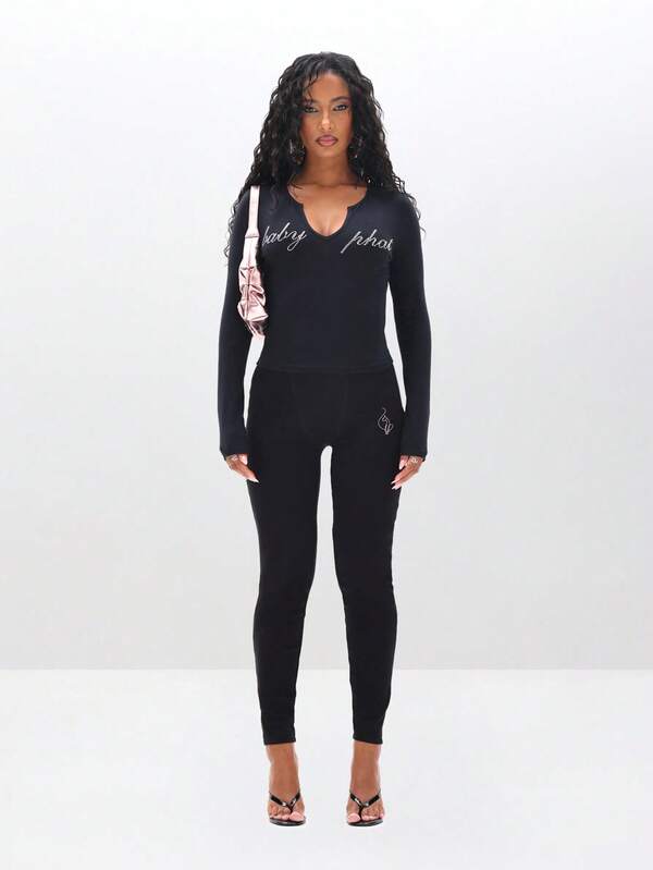 Missguided BABYPHAT Rhinestone Studded Long Sleeve Notch Neck Top With Statement Text Design For Fall Winter