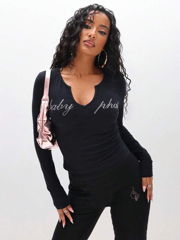 missguided BABYPHAT Rhinestone Studded Long Sleeve Notch Neck Top With Statement Text Design For Fall Winter