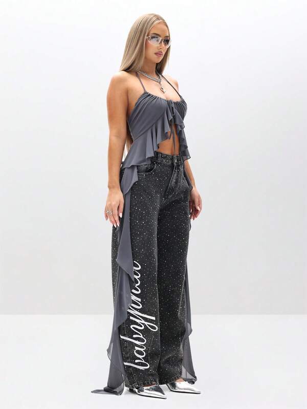 Missguided BABYPHAT Rhinestone Studded Wide Leg Barrel Jeans With Side Script Detail