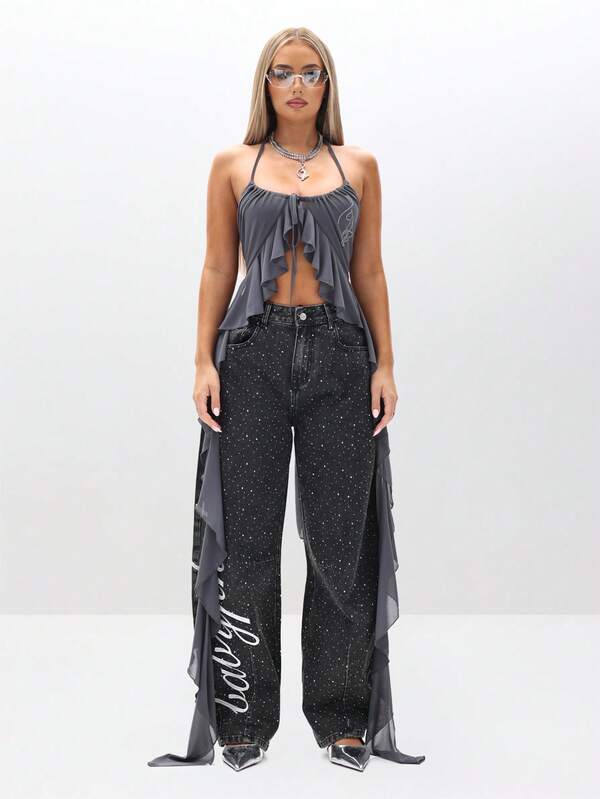Missguided BABYPHAT Rhinestone Studded Wide Leg Barrel Jeans With Side Script Detail