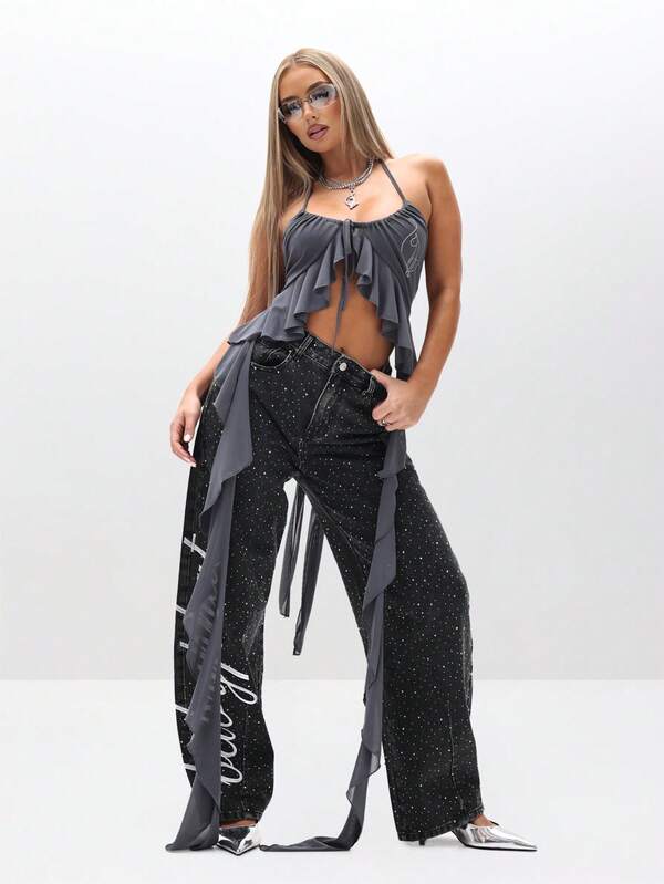 Missguided BABYPHAT Rhinestone Studded Wide Leg Barrel Jeans With Side Script Detail