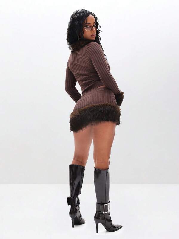 Missguided BABYPHAT Ribbed Mini Skirt With Faux Fur Trim For Winter Fall Cozy Knit