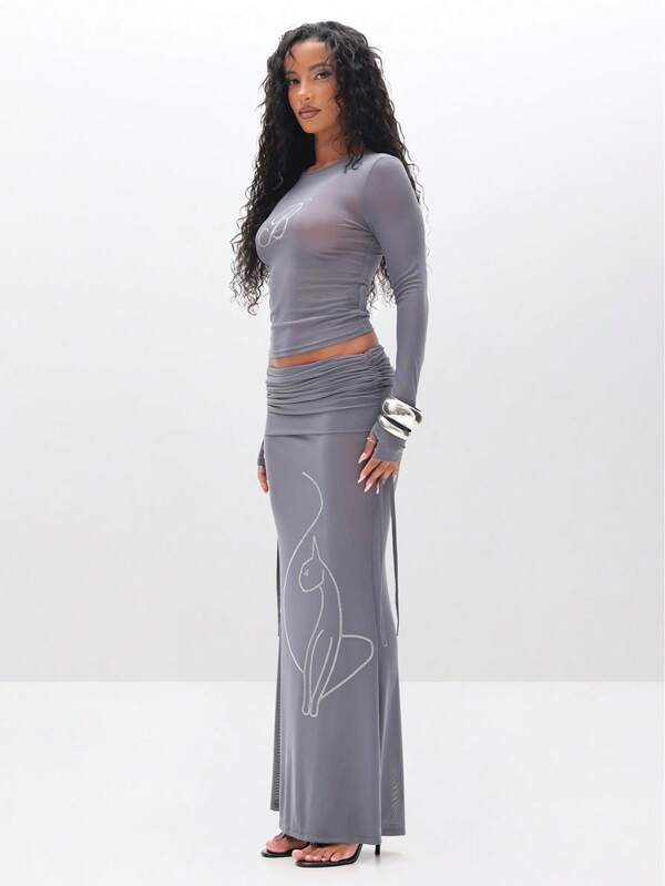 Missguided BABYPHAT Ruched Detail Mesh Maxi Skirt With Rhinestone Embellishments Floor Length Evening Skirt