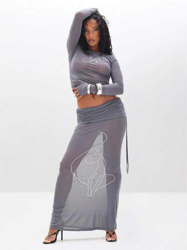 Missguided BABYPHAT Ruched Detail Mesh Maxi Skirt With Rhinestone Embellishments Floor Length Evening Skirt