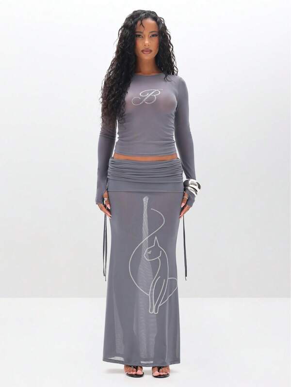missguided BABYPHAT Ruched Detail Mesh Maxi Skirt With Rhinestone Embellishments Floor Length Evening Skirt
