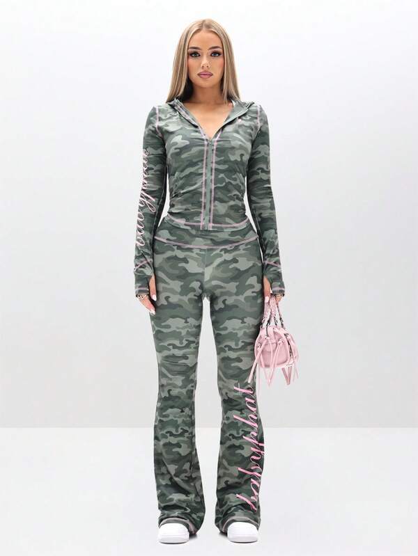 Missguided BABYPHAT Slim Fit Jersey Zip Up Hoodie With Camouflage Print And Contrast Stitching Detail For Casual Everyday Wear