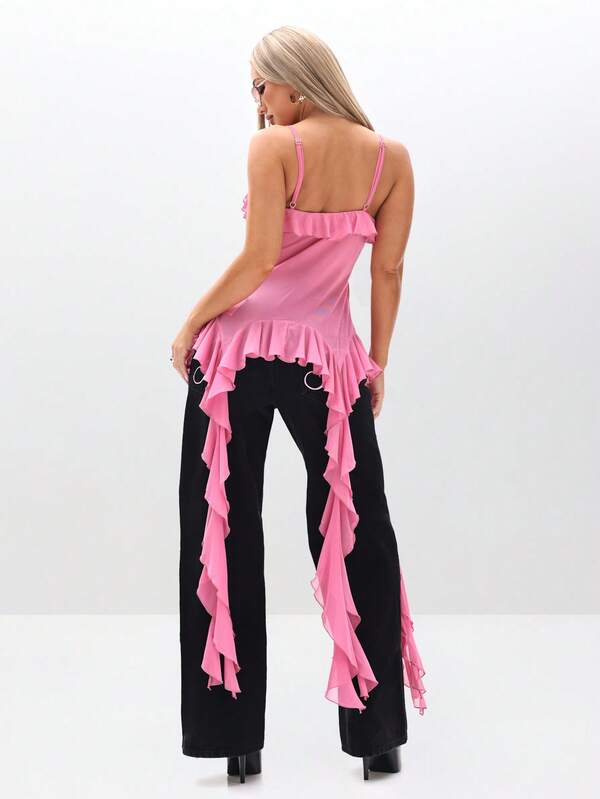 Missguided BABYPHAT Strappy Ruffle Cami Top With Waterfall Mesh Details And Tie Front Closure