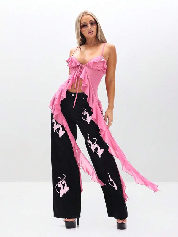 Missguided BABYPHAT Strappy Ruffle Cami Top With Waterfall Mesh Details And Tie Front Closure