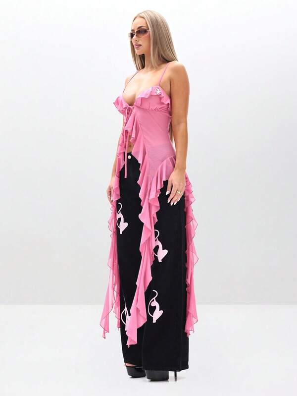 Missguided BABYPHAT Strappy Ruffle Cami Top With Waterfall Mesh Details And Tie Front Closure