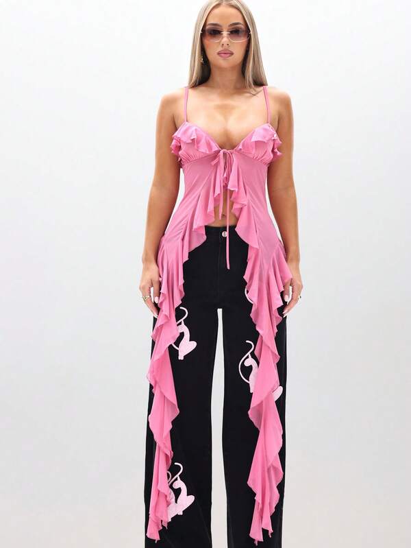 missguided BABYPHAT Strappy Ruffle Cami Top With Waterfall Mesh Details And Tie Front Closure