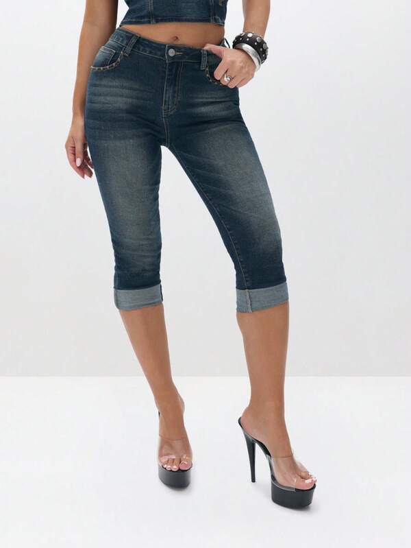 Missguided BABYPHAT Stretch Denim Capri Jeans With Turn Up Hems Mid Rise Cropped Pants Summer Casual Bottoms