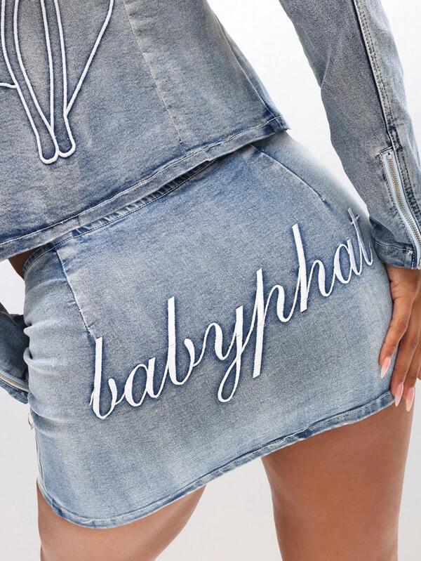 Missguided BABYPHAT Stretch Denim Lace Up Mini Skirt With Embroidery Detail High Waisted Casual Festival Vintage Distressed