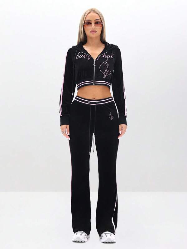 Missguided BABYPHAT Velour Hooded Zip-Up Cropped Sweatshirt With Embroidery And Contrast Trim For Lounge Comfort Autumn Winter Clothes For Women