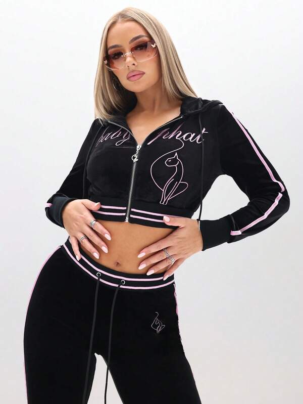missguided BABYPHAT Velour Hooded Zip-Up Cropped Sweatshirt With Embroidery And Contrast Trim For Lounge Comfort Autumn Winter Clothes For Women