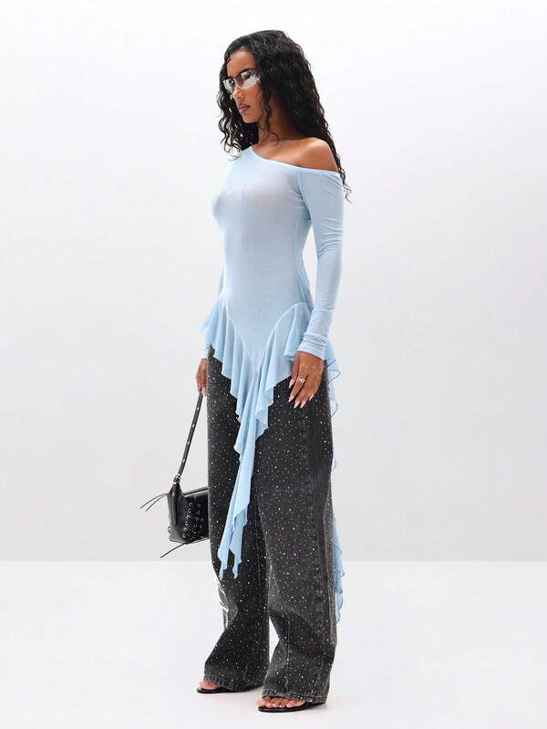 Missguided BABYPHAT Waterfall Ruffle Mesh Top With Long Sleeves And One Shoulder Rhinestone Detail For Party Evening Occasions