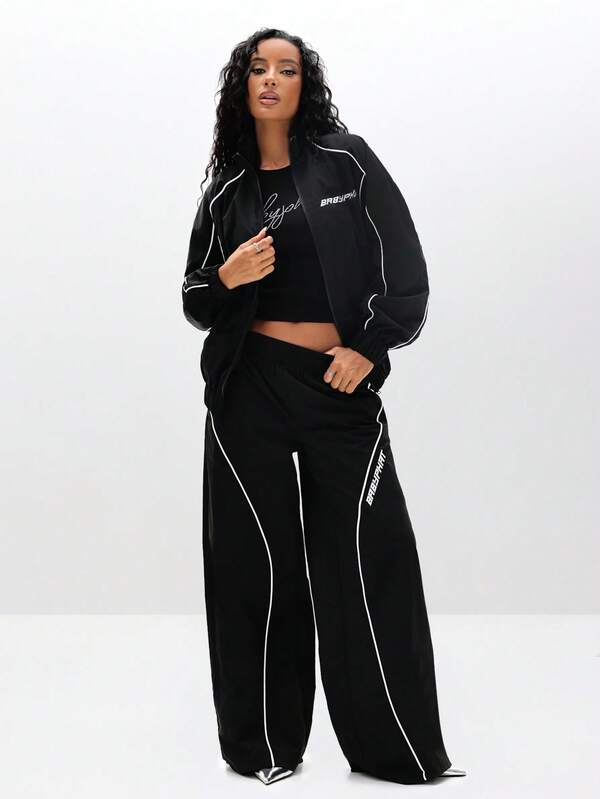 Missguided BABYPHAT Wide Leg Nylon Trackpants With Piping Detail Casual Loose Fit Sweatpants