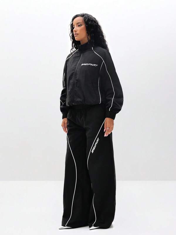 Missguided BABYPHAT Wide Leg Nylon Trackpants With Piping Detail Casual Loose Fit Sweatpants