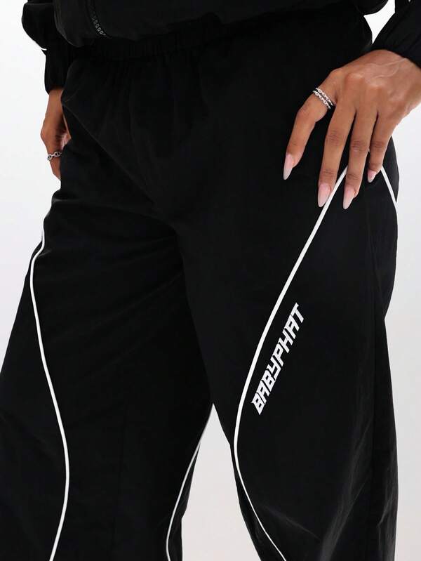 Missguided BABYPHAT Wide Leg Nylon Trackpants With Piping Detail Casual Loose Fit Sweatpants