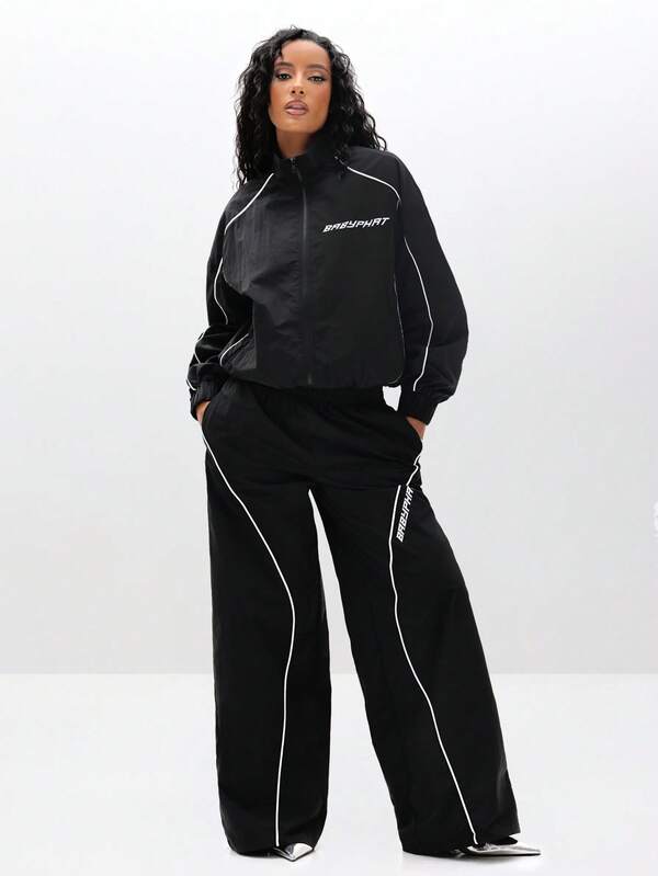 missguided BABYPHAT Wide Leg Nylon Trackpants With Piping Detail Casual Loose Fit Sweatpants
