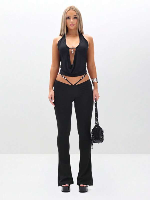 Missguided BABYPHAT Women Flared Logo Trousers Low Waist Wide Leg Pants Y2K Fashion Statement Bottoms