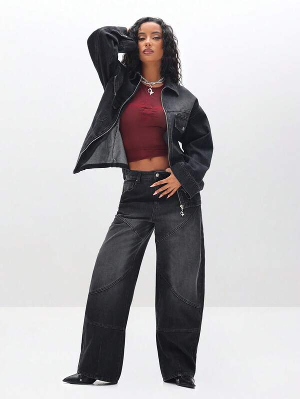 Missguided BABYPHAT Women's Barrel Jeans With Paneling Details High Waisted Relaxed Fit Denim Wide Leg Pants