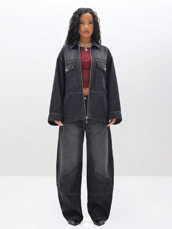 Missguided BABYPHAT Women's Barrel Jeans With Paneling Details High Waisted Relaxed Fit Denim Wide Leg Pants