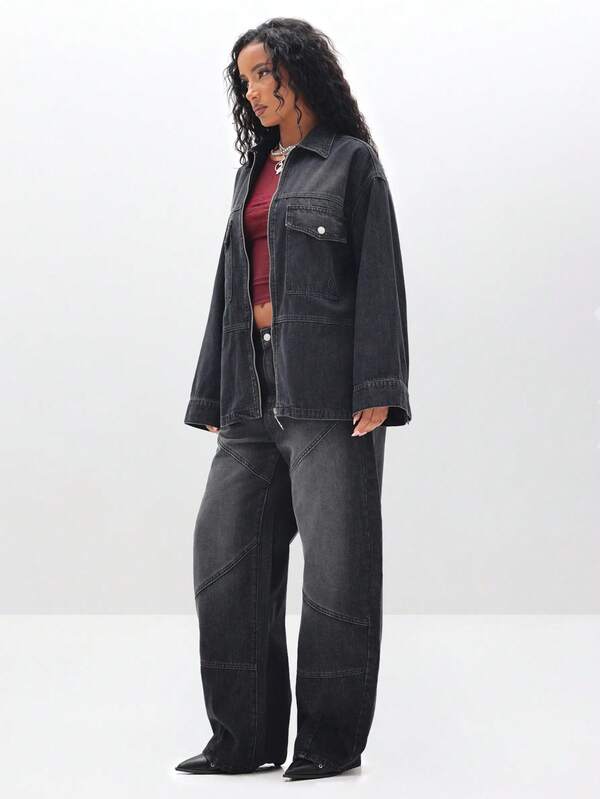 Missguided BABYPHAT Women's Barrel Jeans With Paneling Details High Waisted Relaxed Fit Denim Wide Leg Pants