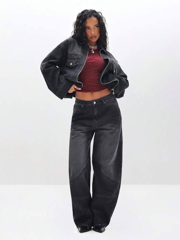 missguided BABYPHAT Women's Barrel Jeans With Paneling Details High Waisted Relaxed Fit Denim Wide Leg Pants