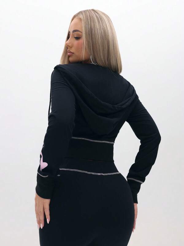 Missguided BABYPHAT Women's Cartoon Cat Print Long Sleeve Zip Front Cropped Hoodie