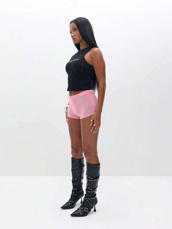 Missguided BABYPHAT Women's Y2K Letter Rhinestone Cropped Fashionable Round Neck Camisole