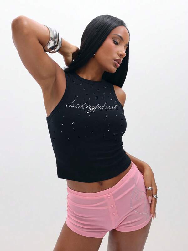 Missguided BABYPHAT Women's Y2K Letter Rhinestone Cropped Fashionable Round Neck Camisole