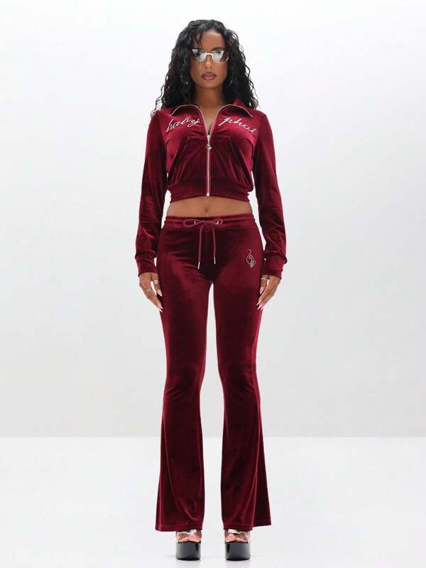 Missguided BABYPHAT Women Velour Funnel Neck Zip Up Sweatshirt With Rhinestone Text Embellishment Long Sleeve Cropped Top