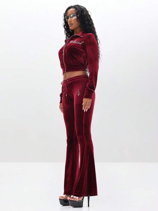 Missguided BABYPHAT Women Velour Funnel Neck Zip Up Sweatshirt With Rhinestone Text Embellishment Long Sleeve Cropped Top