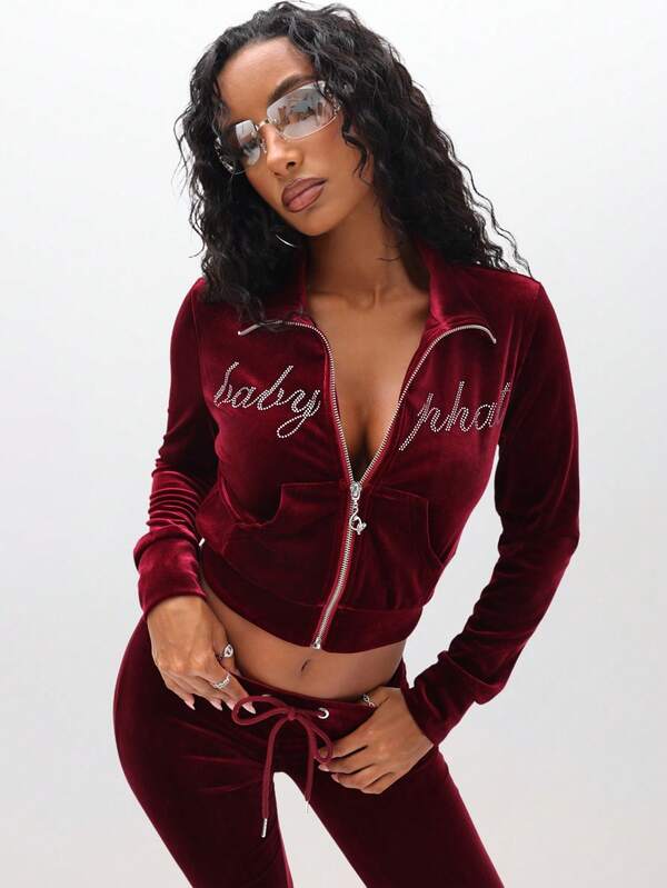missguided BABYPHAT Women Velour Funnel Neck Zip Up Sweatshirt With Rhinestone Text Embellishment Long Sleeve Cropped Top