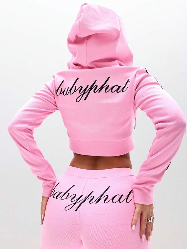 Missguided BABYPHAT Zip Up Hooded Sweatshirt With Ribbed Texture And Logo Print For Casual Comfort
