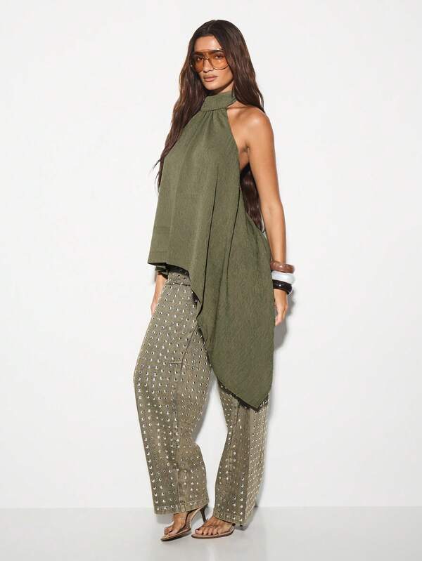Missguided KIZN Asymmetrical Halter Neck Summer Festival Top High Low Drape Style Flowing Tank Vacation Resort Party Evening Sleeveless Blouse Club Wear Essentials