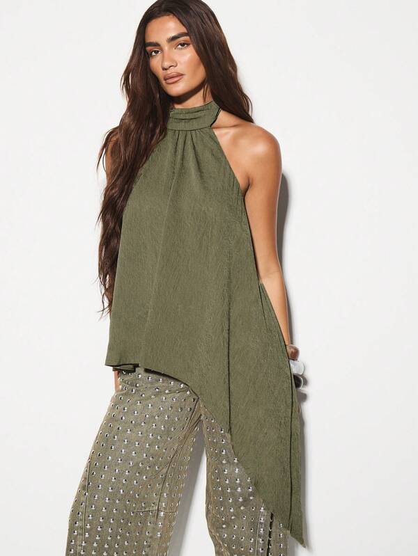 missguided KIZN Asymmetrical Halter Neck Summer Festival Top High Low Drape Style Flowing Tank Vacation Resort Party Evening Sleeveless Blouse Club Wear Essentials