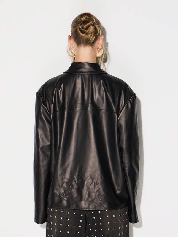 Missguided KIZN Black Faux Leather Field Jacket With Zip Closure And Collar For Women