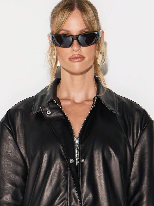 Missguided KIZN Black Faux Leather Field Jacket With Zip Closure And Collar For Women